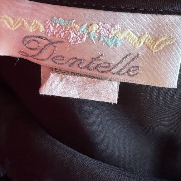 Vtg 80s DENTELLE Black Satin Slip Dress Filigree Appliqué Bodice Fairy Goth L - Picture 5 of 5